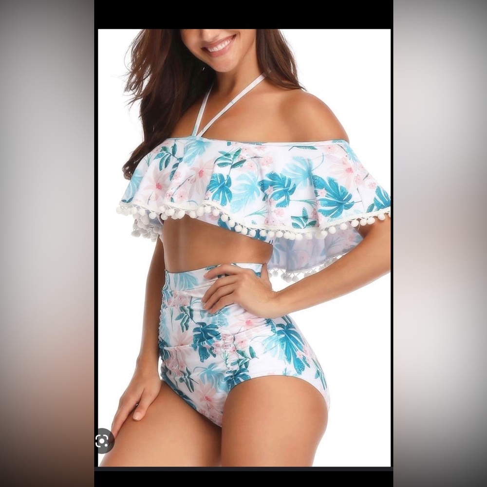 Heat Move Women High Waisted Retro Flounce Off Shoulder Two Piece Swimsuit